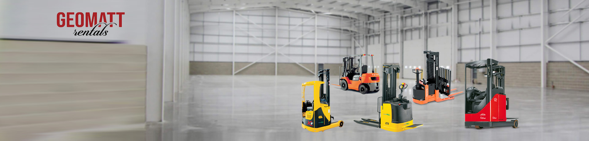 Mobile banner showing a red forklift operating inside a warehouse, with overlaid promotional text highlighting Geomatt’s material handling solutions.