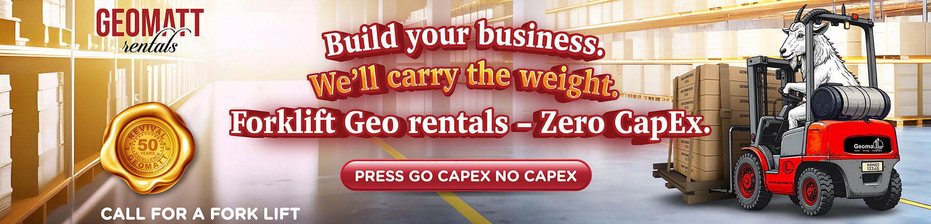 Professional banner featuring a forklift in motion within a clean warehouse