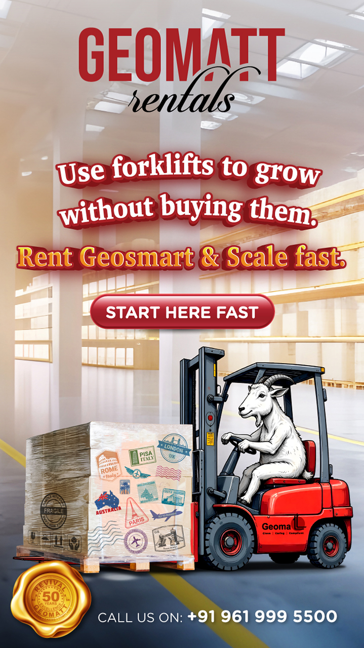 Mobile banner featuring a red forklift actively loading pallets inside a warehouse