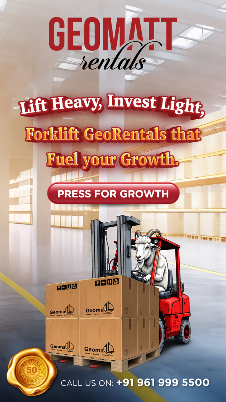 Mobile banner featuring a red forklift lifting pallets in a warehouse—Geomatt industrial equipment service